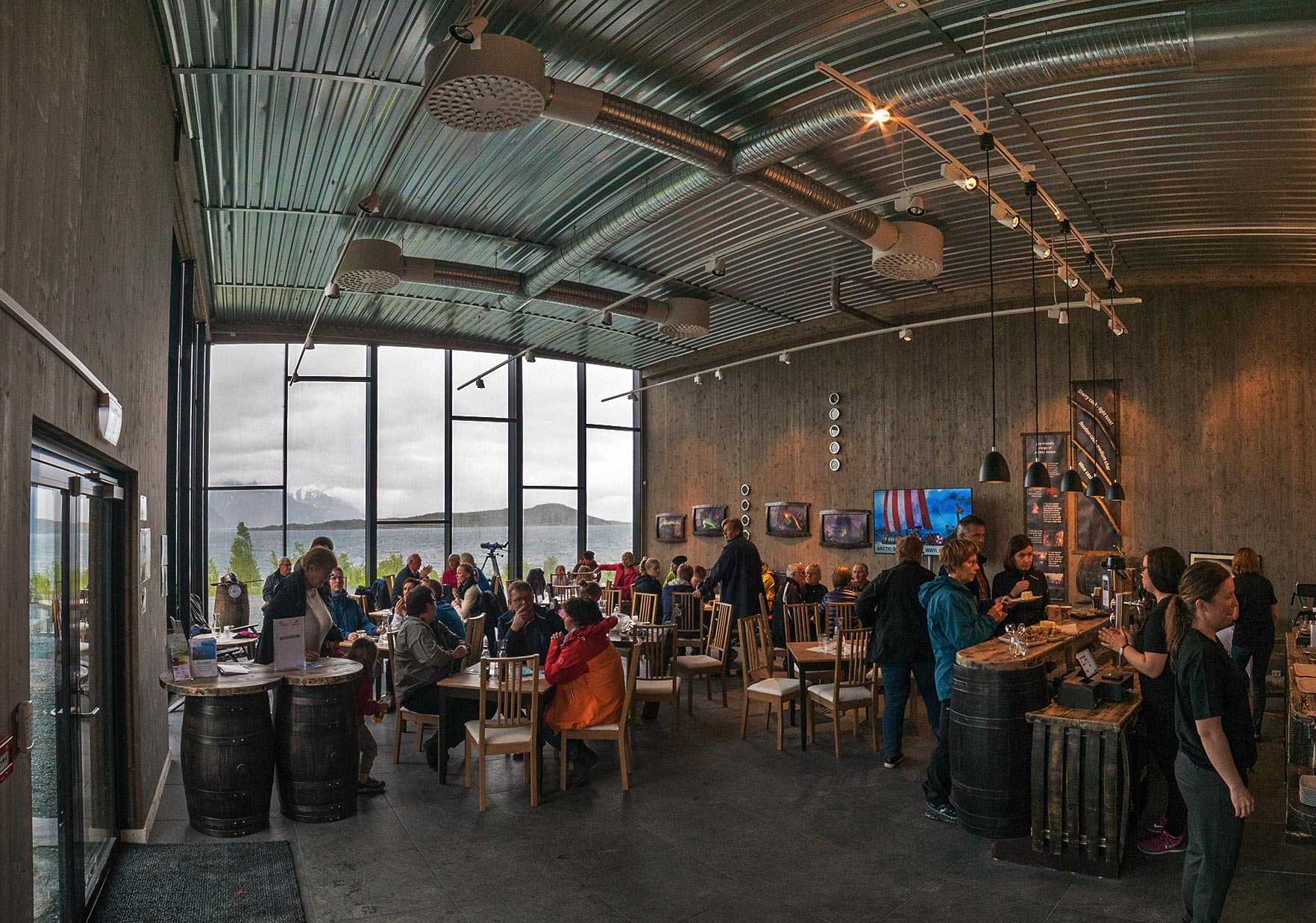 Visitor center at Aurora Spirit, panorama windows with view of the fjord