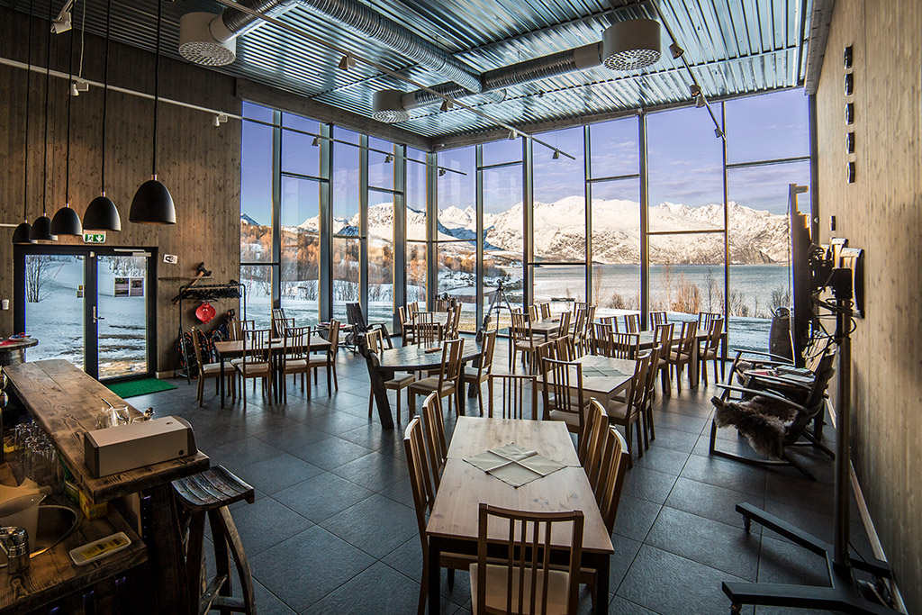 Visitor center at Aurora Spirit, panorama windows with view of the fjord