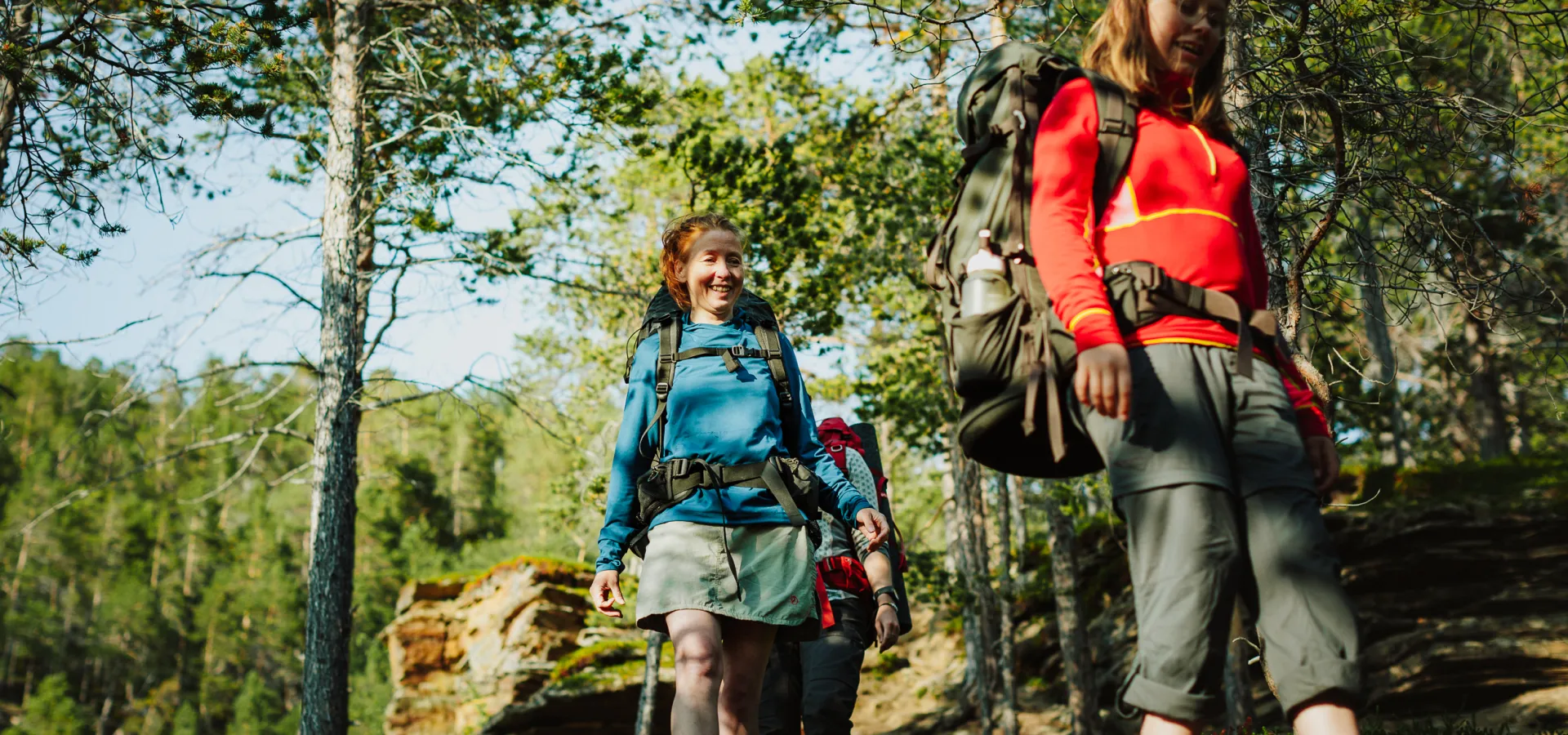 3 women hiking in the pine forest in Skibotn
