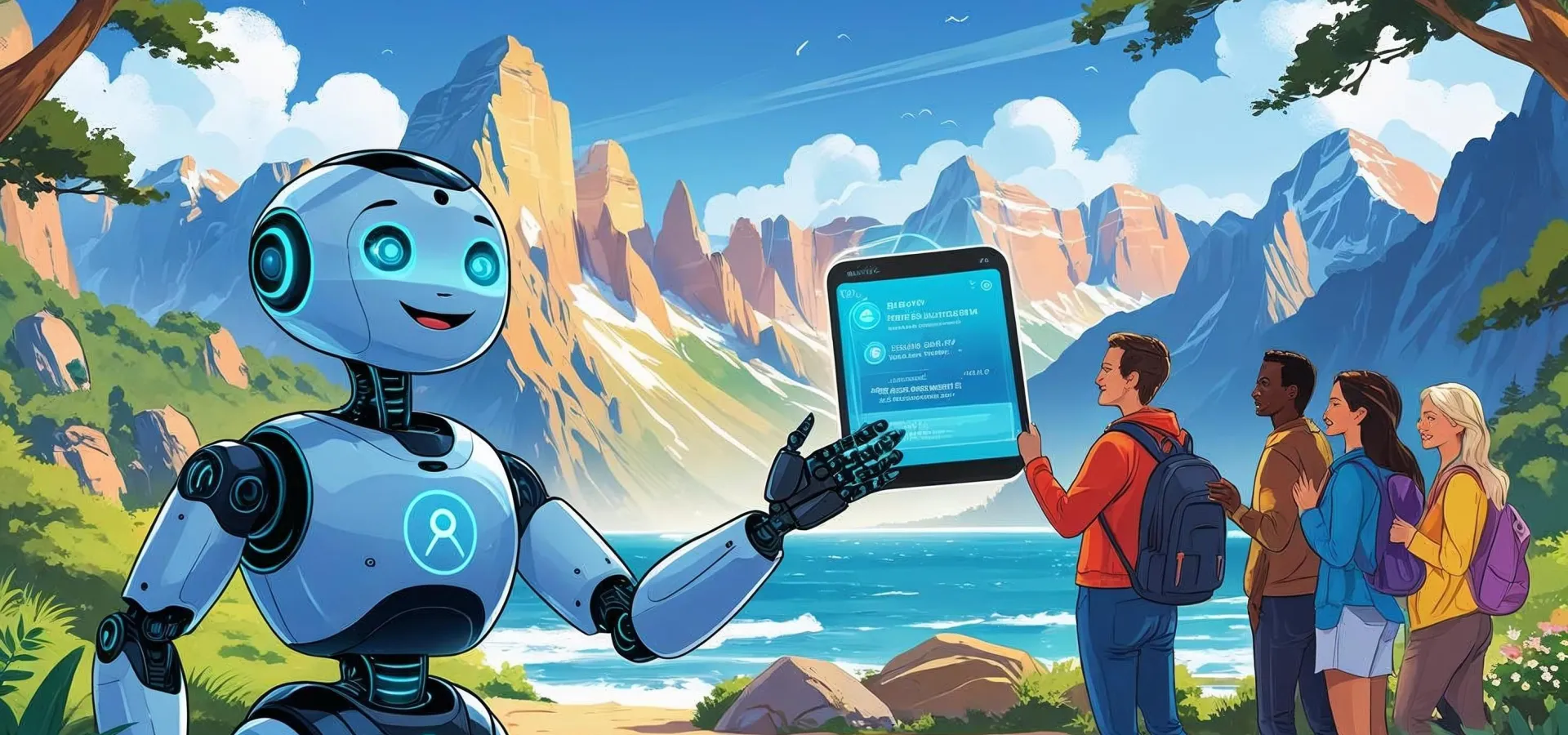 KI generert bilde av robot som snakker med turister ut i naturen