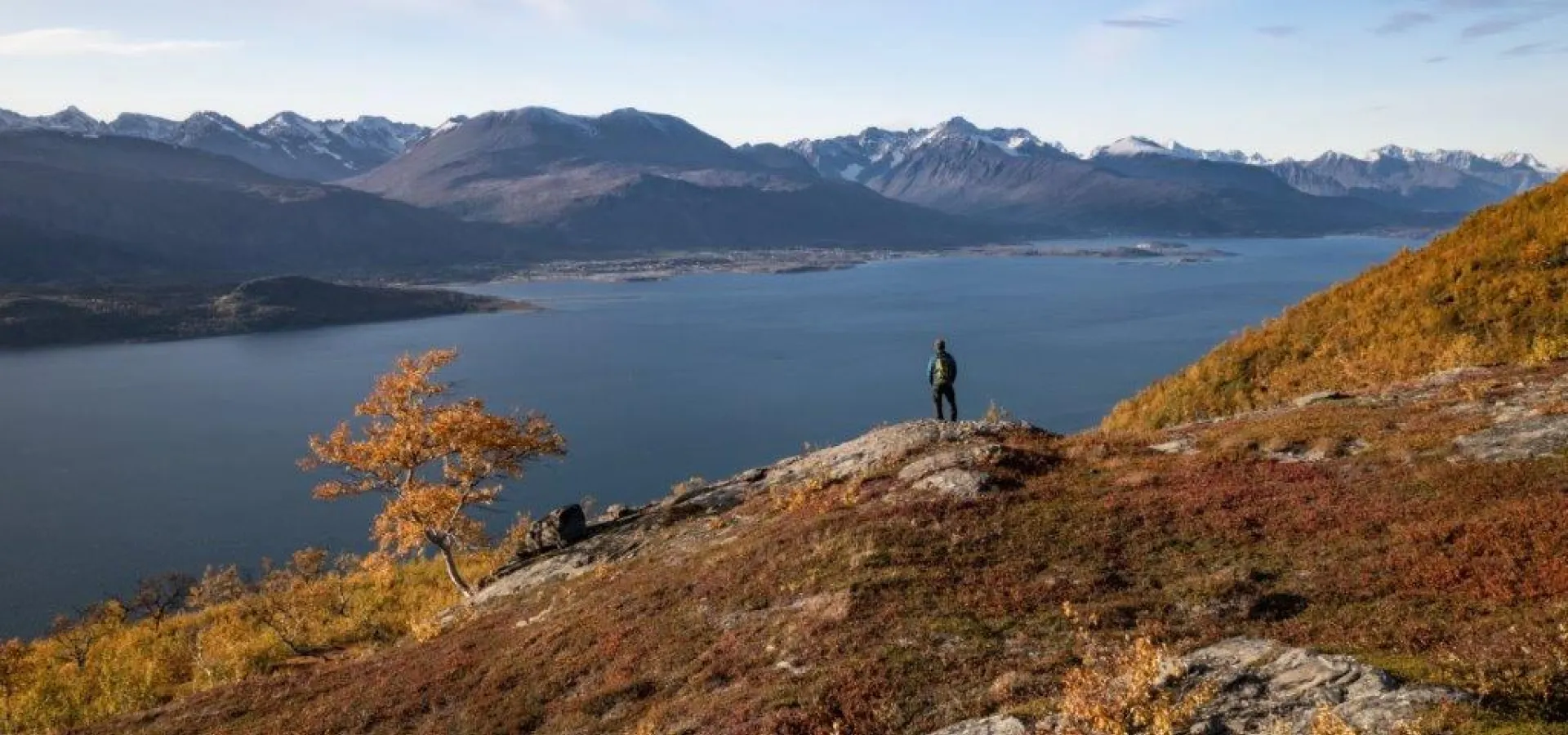 En person nyter utsikten over Lyngenfjorden fra toppen av Gentlemansteinen