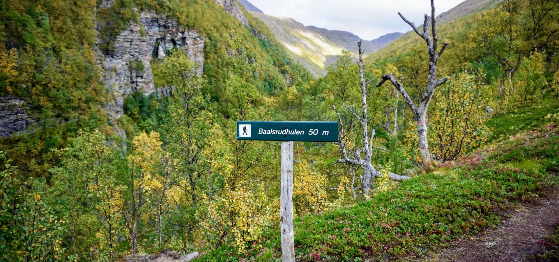 Signpost with "Baalsrudhula 50m" in a green valley