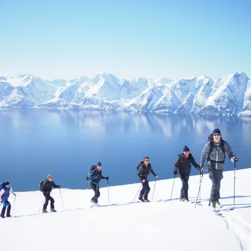 Gruppe på tur opp Storhaugen på ski, Lyngenfjorden