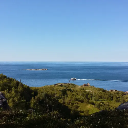 View of the sea and horizon on a sunny day, in front a nature area