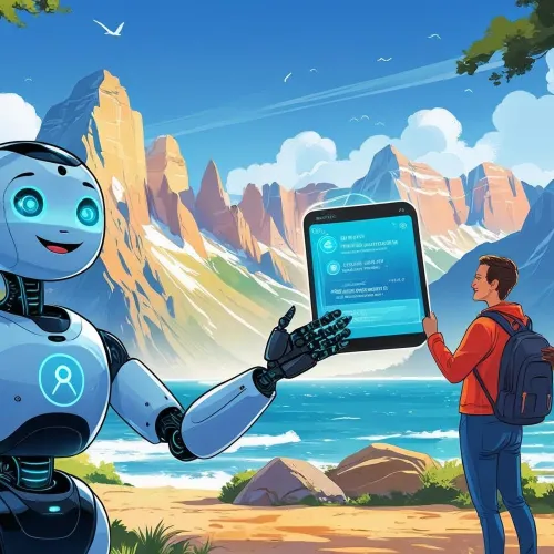 KI generert bilde av robot som snakker med turister ut i naturen
