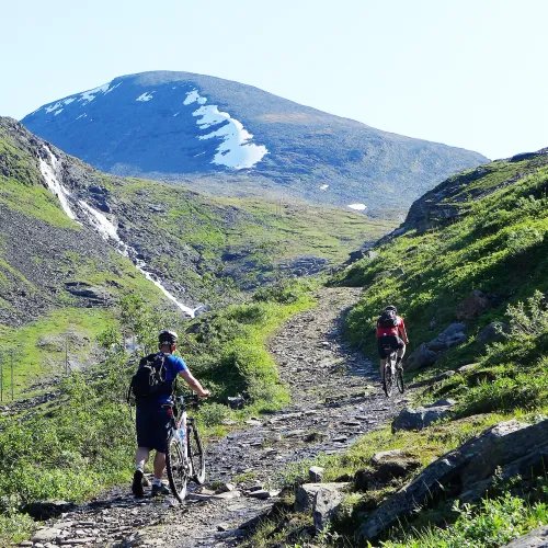 Pushing the mountain bike up the trail