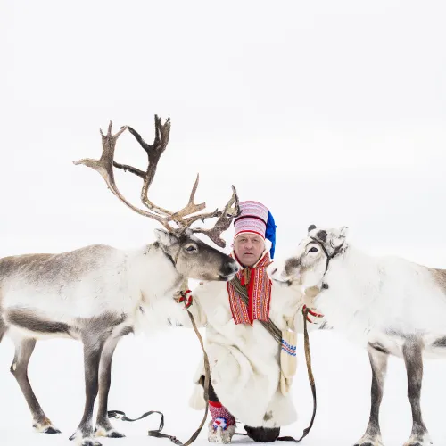 One man and two reindeers