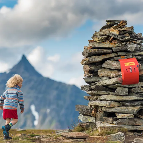 A kid walking towards the summit