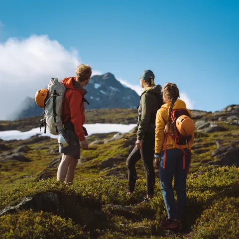 3 persons hiking in the mountains on a sunny day