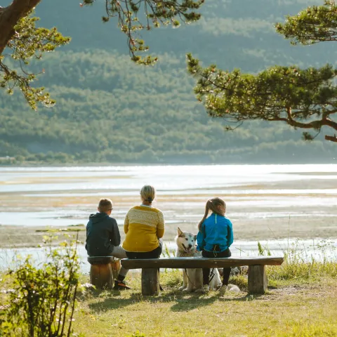 Familie med hund sitter på en benk og ser utover Skibotndeltaet