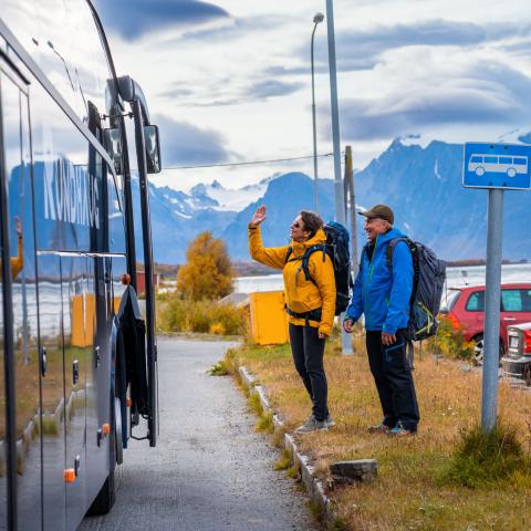 Greeting the busdriver in Rotsund. Lyngen alps