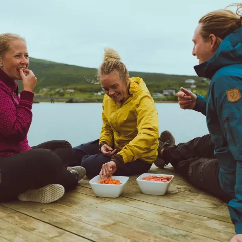 Tre venner sitter på kaia og spiser reker en grå sommersdag