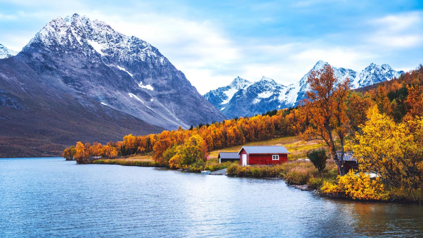 Snow peaked mountains and autumn foliage by fjord shore