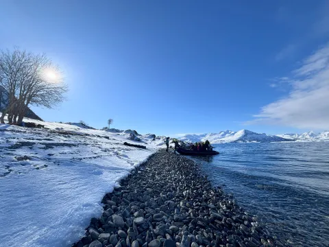 Går i land med en rib på en steinstrand med snø. På en solrik dag med blå himmel.