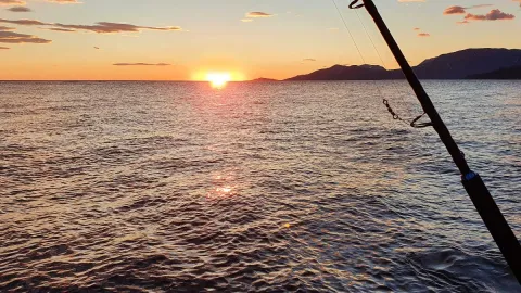 Solen går ned i horisonten, på sjøen